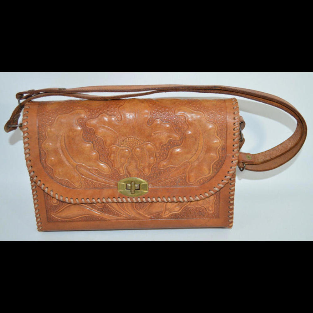Leather Tooled Purse Convertible Shoulder Strap Brown